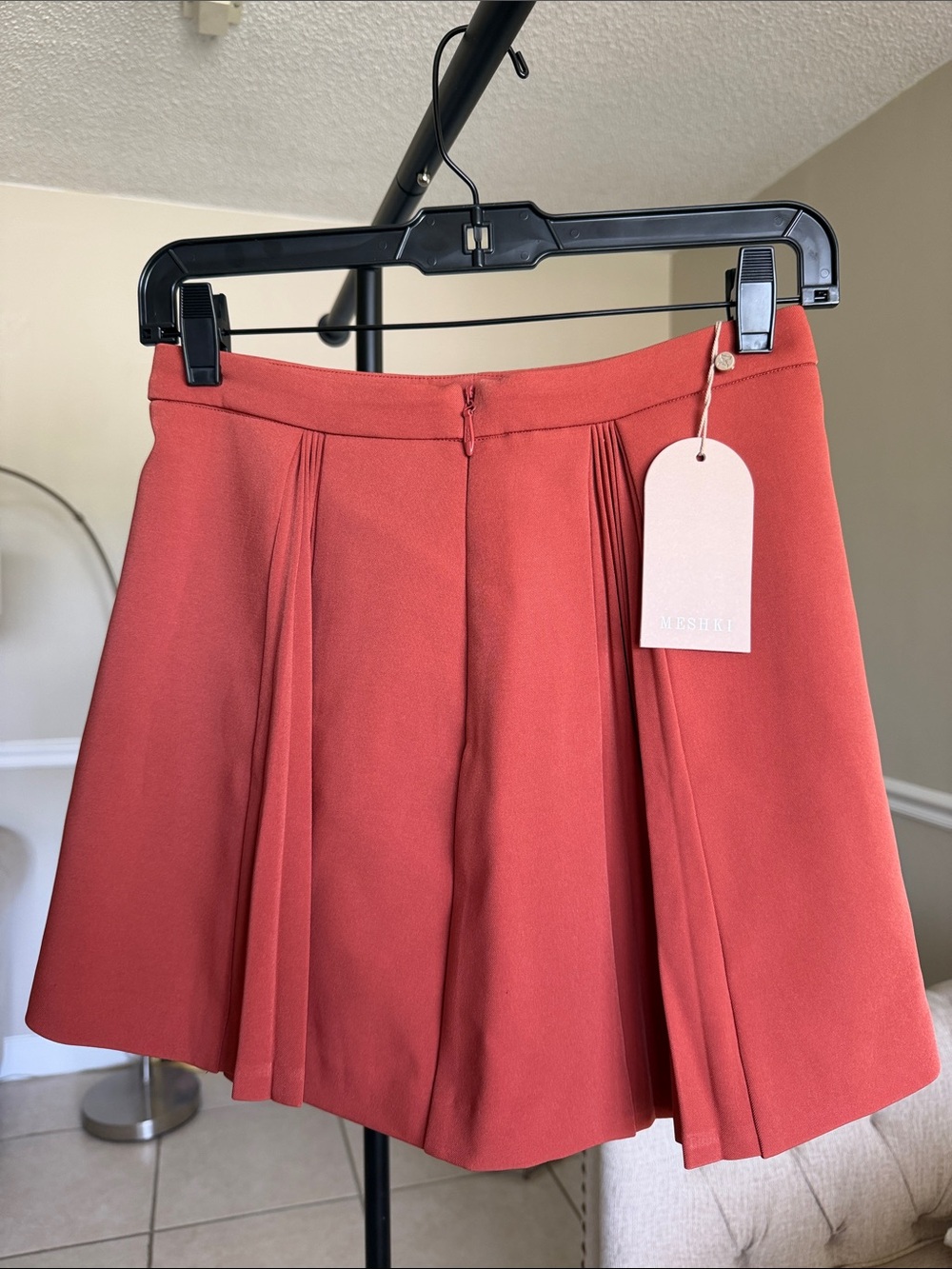 Meshki Rust Coral Skater Pleated Mini Skirt